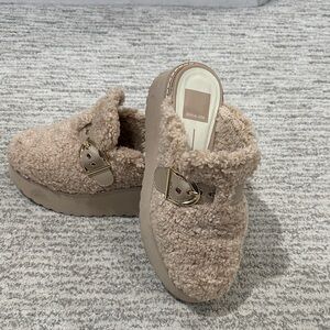 Dolce Vita Beige Fuzzy Buckle Clogs